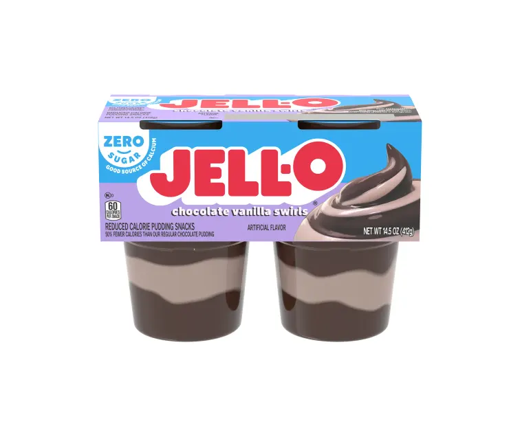 Kraft Heinz Jell-O Zero Sugar Chocolate Vanilla Swirls Pudding Cups package